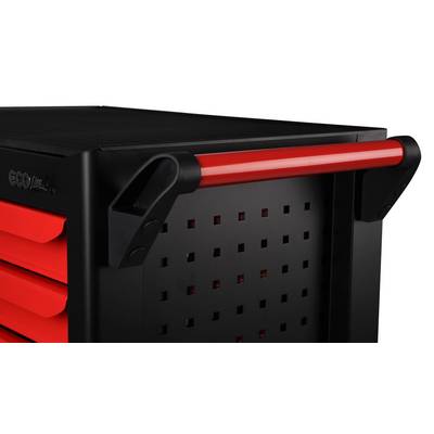 Chariot à outils noir avec poignées et tiroirs rouges, paroi latérale perforée pour la ventilation ; design robuste et solide.
