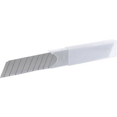 Un conteneur en plastique avec plusieurs lames segmentées empilées en rangée. Adapté pour les cutters, lames de rechange.