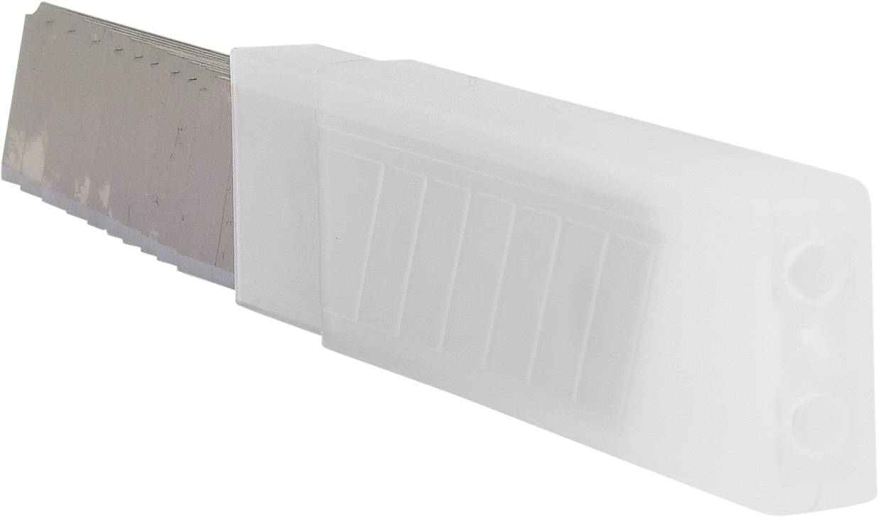 Un boîtier en plastique blanc avec plusieurs lames de rechange visibles. Idéal pour le rangement et le transport sécurisés des lames.