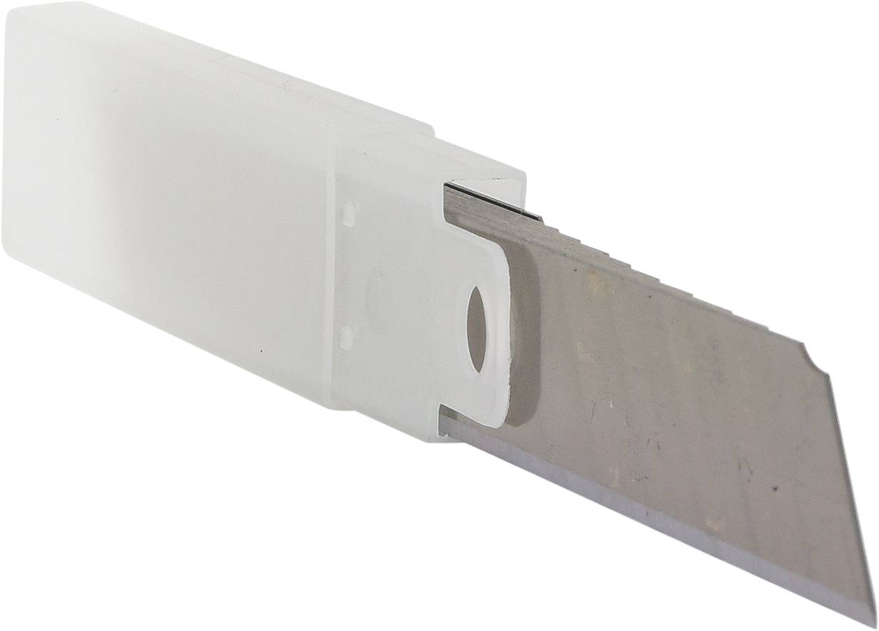 Un cutter avec une lame tranchante en argent, partiellement sortie d'un support en plastique blanc.