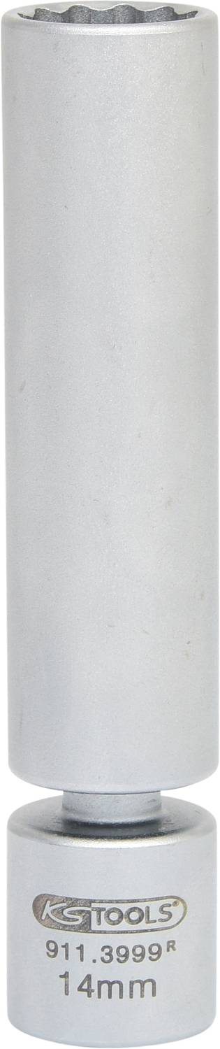 Un embout de clé à douille argenté portant l'inscription « KS Tools 911.3999 14 mm » sur sa face inférieure.
