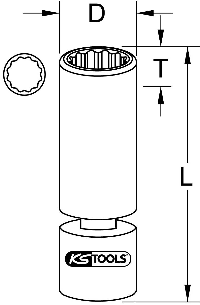Illustration d'un outil avec les dimensions D, T et L. L'outil est de la marque KS Tools. Vue de profil en haut.