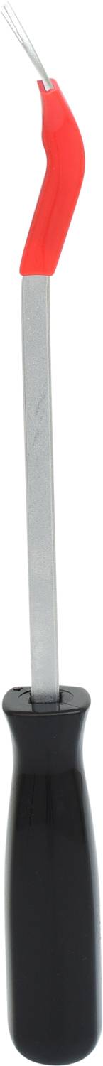 Un outil doté d'une poignée noire et d'une longue tige métallique plate se terminant par une pointe rouge légèrement incurvée.