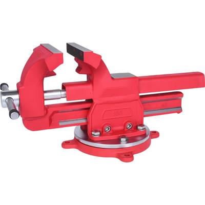 Étau de table rouge avec base fixe, pour la fixation et la stabilisation de pièces dans les ateliers et les garages.