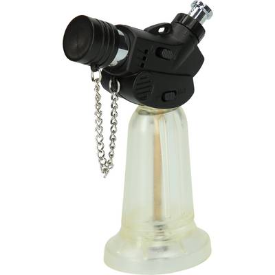 Brûleur à gaz avec socle transparent et embout de buse noir, commandes latérales et chaîne de sécurité sur le boîtier.