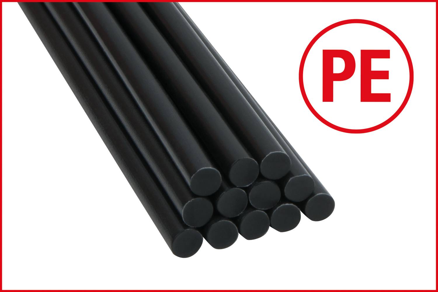 Des tiges noires en plastique de polyéthylène (PE) regroupées en faisceau, à côté à droite un cercle rouge portant l'inscription 'PE'.
