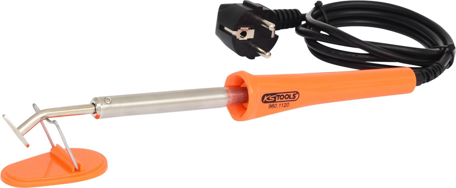 Fer à souder avec poignée orange et fiche européenne sur fond blanc. Idéal pour les travaux de soudure et les réparations.