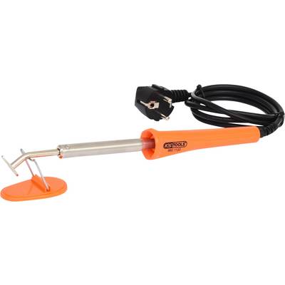 Fer à souder avec poignée orange et fiche européenne sur fond blanc. Idéal pour les travaux de soudure et les réparations.