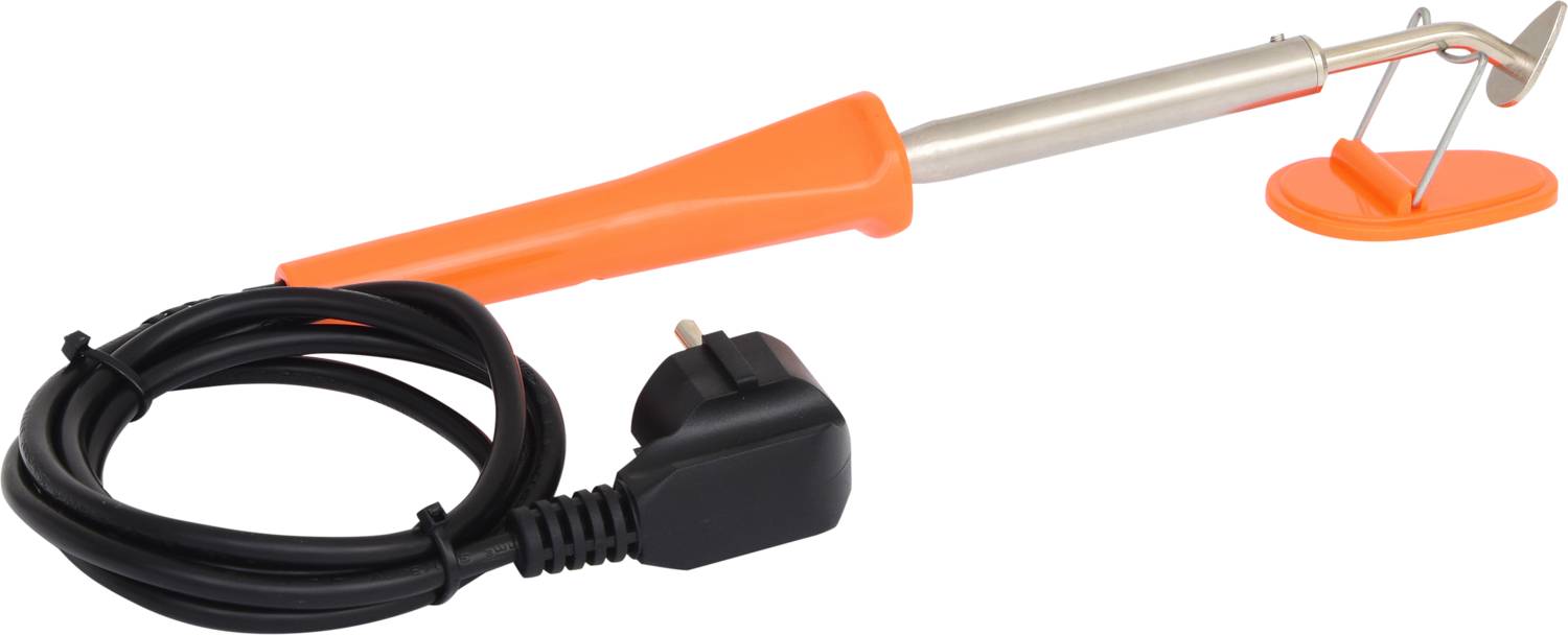 Ensemble de fer à souder électrique avec poignée orange, embout métallique et câble noir avec fiche, sur fond blanc.