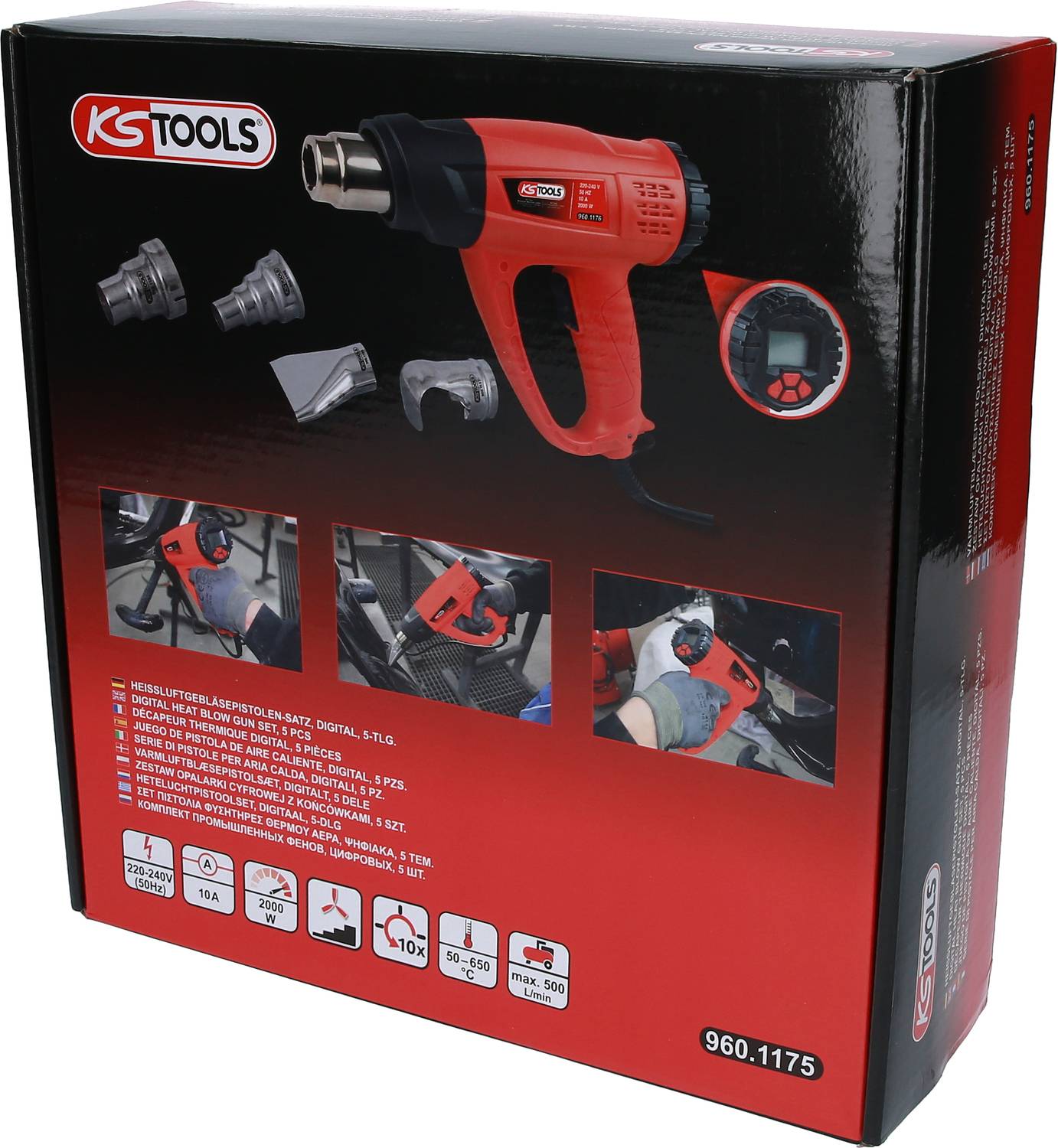 Illustration d'un pistolet à air chaud de KS Tools dans un boîtier rouge, avec accessoires et écran intégré. L'emballage présente les différentes applications.