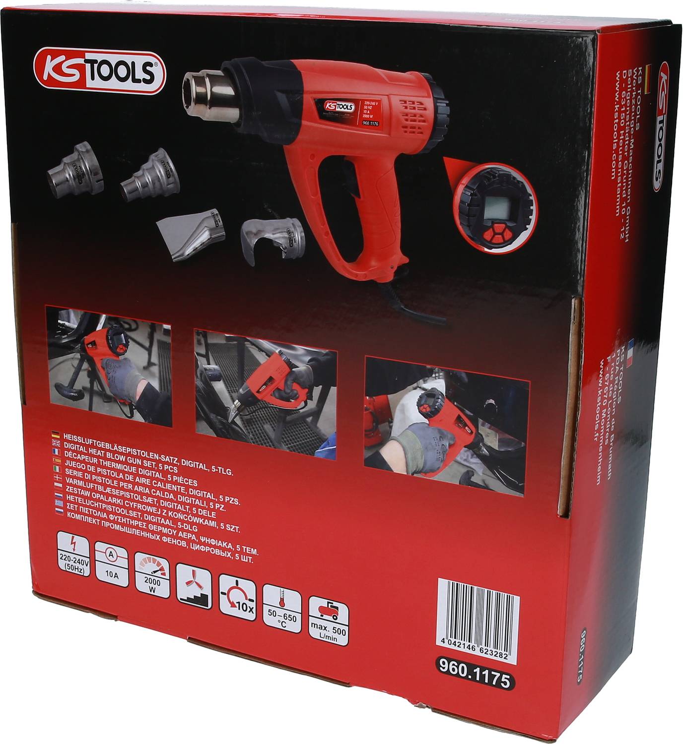 Ensemble de soufflerie à air chaud 'KS Tools' avec affichage numérique et accessoires, illustré sur l'emballage avec des détails techniques et des images du produit.