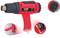 Pistolet à air chaud en rouge, des images détaillées montrent les réglages de température et de débit d'air. Fonction principale : réchauffage de surface.