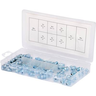 Un boîtier en plastique transparent avec différents raccords métalliques, rangés dans des compartiments. Un aperçu des tailles est indiqué à l'intérieur du couvercle.