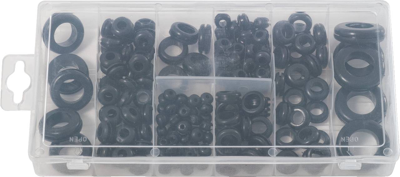 Boîte en plastique triée contenant différents joints en caoutchouc noir de différentes tailles.