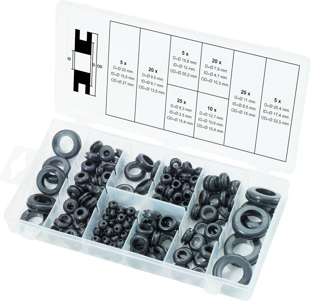 Une boîte en plastique avec compartiments, remplie de joints toriques noirs de différentes tailles. L'étiquette indique les dimensions et les quantités.