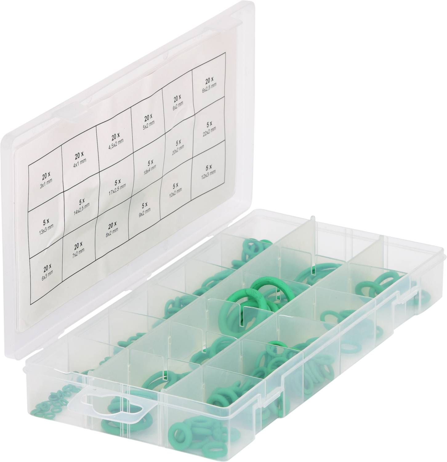 Boîte transparente avec différentes bagues d'étanchéité vertes, rangées par compartiments ; l'étiquette jointe indique les tailles et les quantités.