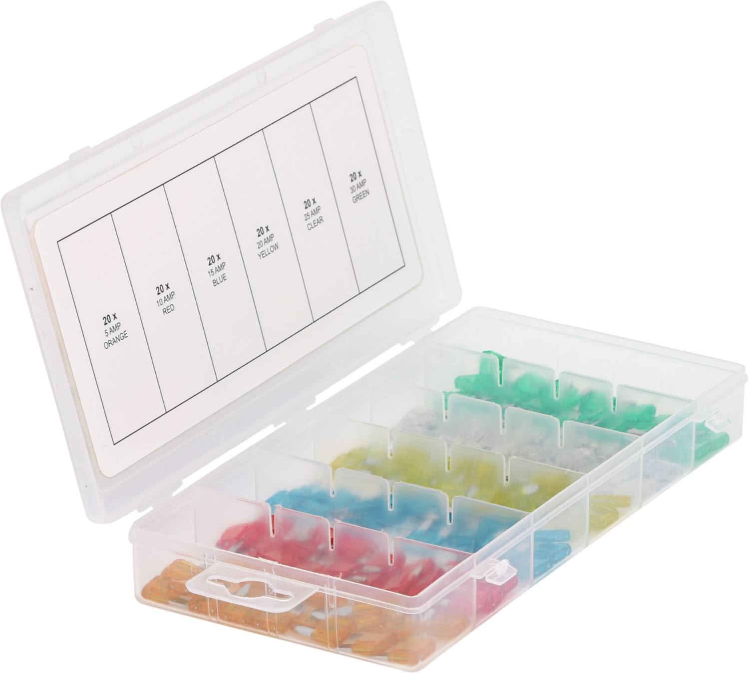 Boîte en plastique transparente avec cinq rangées de compartiments de différentes couleurs, remplie de bonbons gélifiés multicolores.