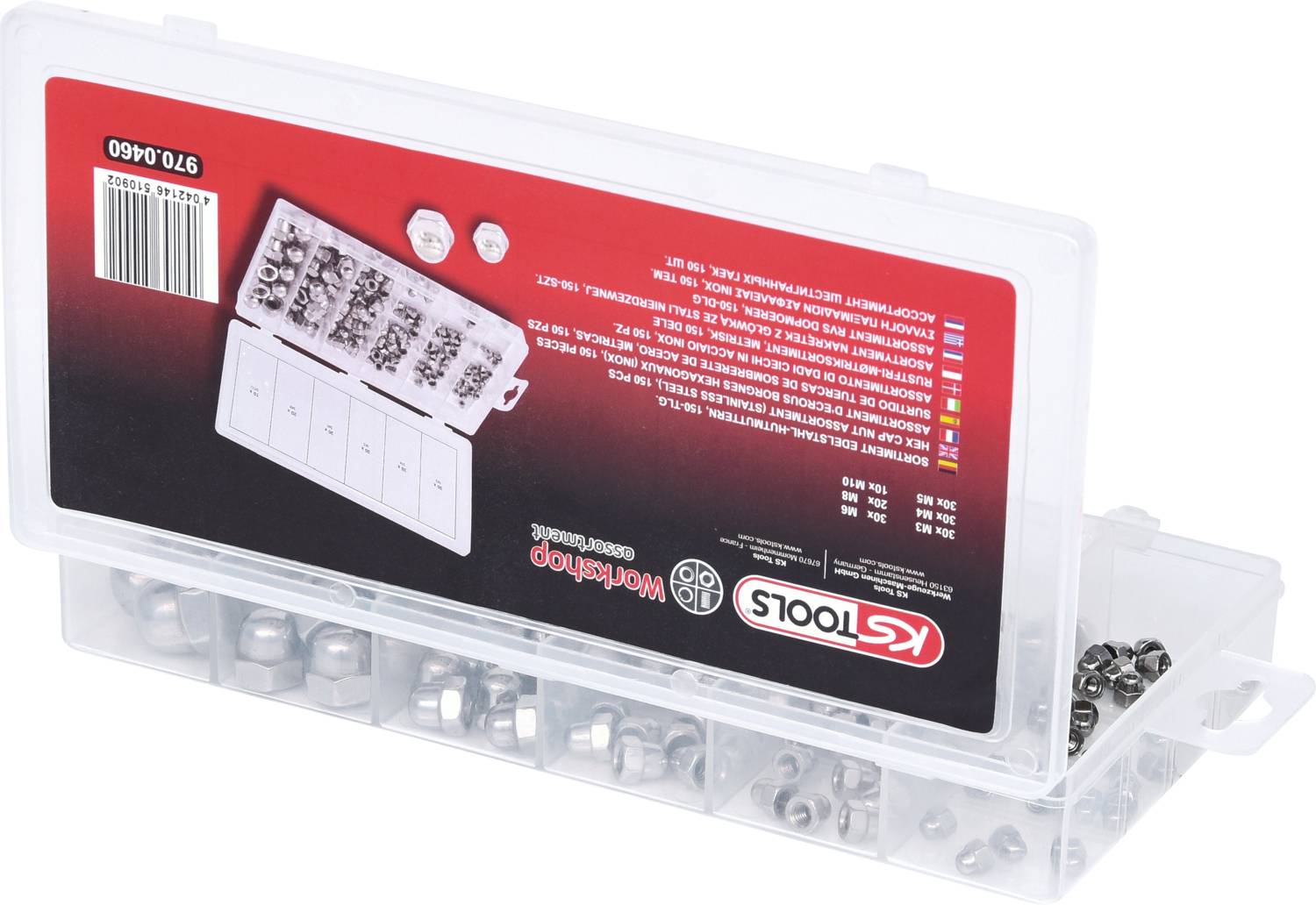 Boîte en plastique de KS Tools contenant des écrous mélangés de différentes tailles. Le couvercle affiche les informations du produit et le numéro 970.0450.
