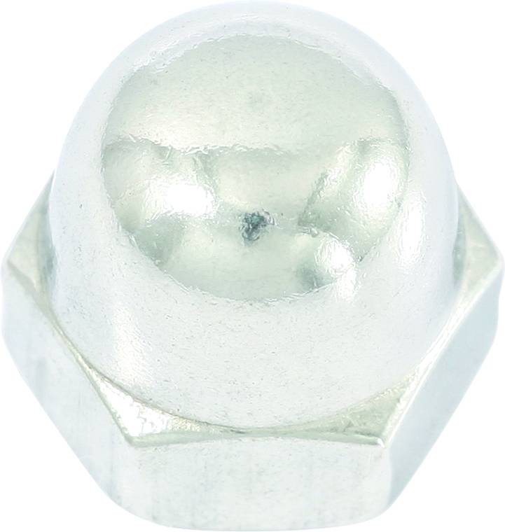 Écrou borgne en métal, surface brillante, base hexagonale, utilisé pour couvrir et sécuriser les assemblages filetés.