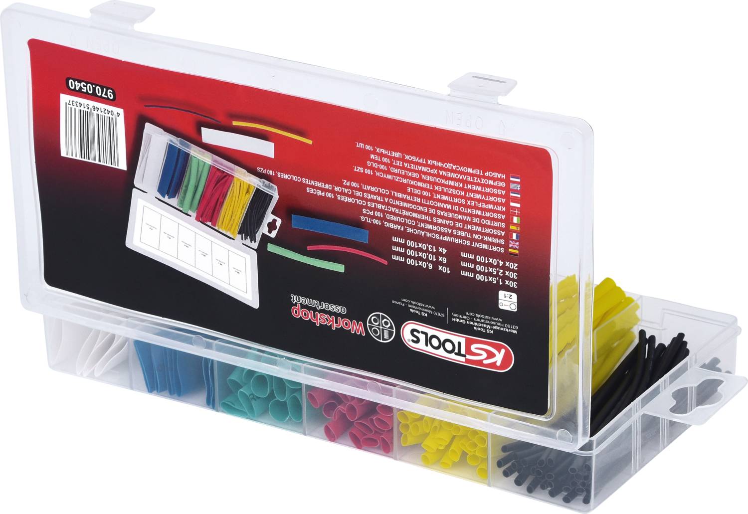 Boîte en plastique avec des gaines thermorétractables de différentes tailles et couleurs. Étiquette portant les informations du produit et le logo KS Tools.