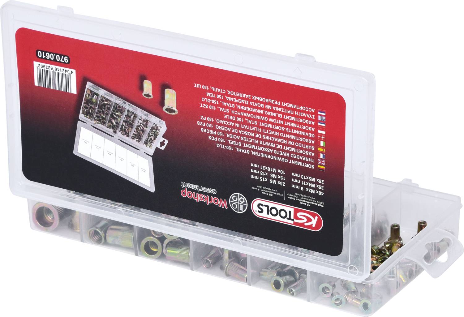 Une boîte en plastique contenant des écrous métalliques de différentes tailles. Boîtier transparent avec une étiquette rouge et le logo de la marque sur le couvercle.