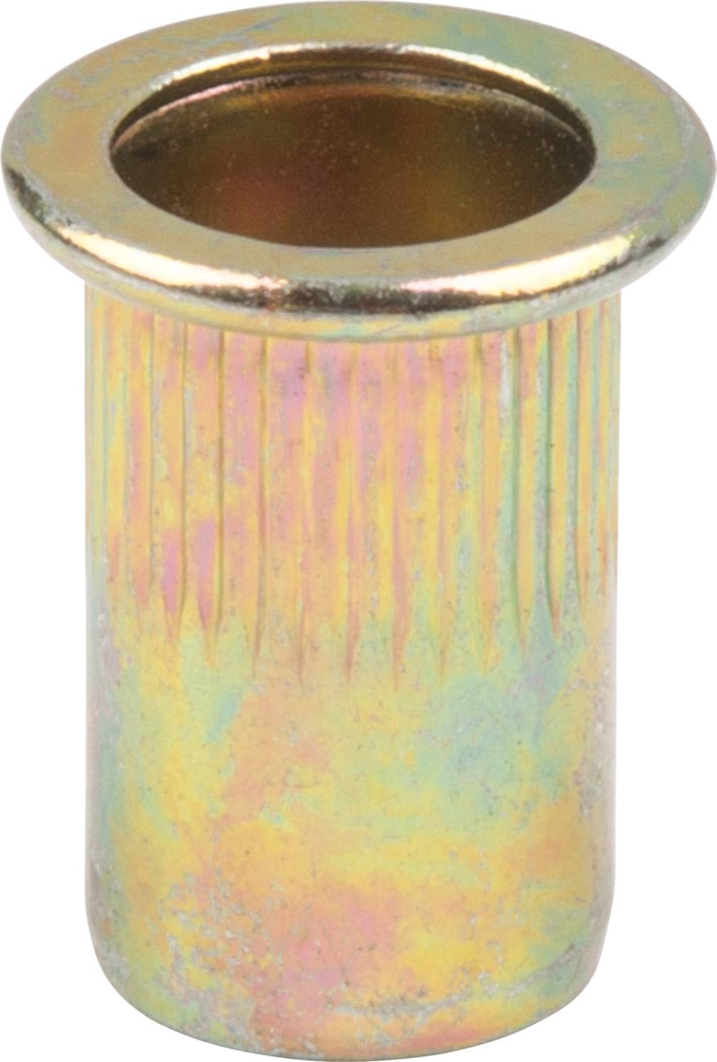 Écrou cranté métallique à filetage intérieur avec surface supérieure plate, destiné à être fixé dans du bois ou du plastique, présentant un revêtement de couleur jaunâtre.