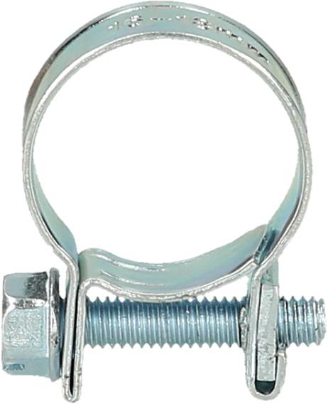 Un collier de serrage en métal argenté avec vis et écrou, servant à fixer des tuyaux ou des tubes, sur un fond blanc.