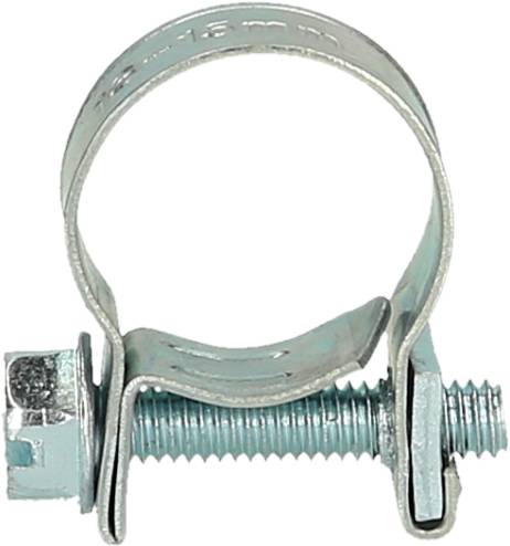 Une collier de serrage métallique à vis, utilisé pour fixer des tuyaux ou des tubes. Adapté pour des diamètres de 12-15 mm.