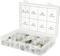 Boîte en plastique contenant 90 colliers de serrage de différentes tailles et compartiments. Adaptée à l'organisation et au rangement.