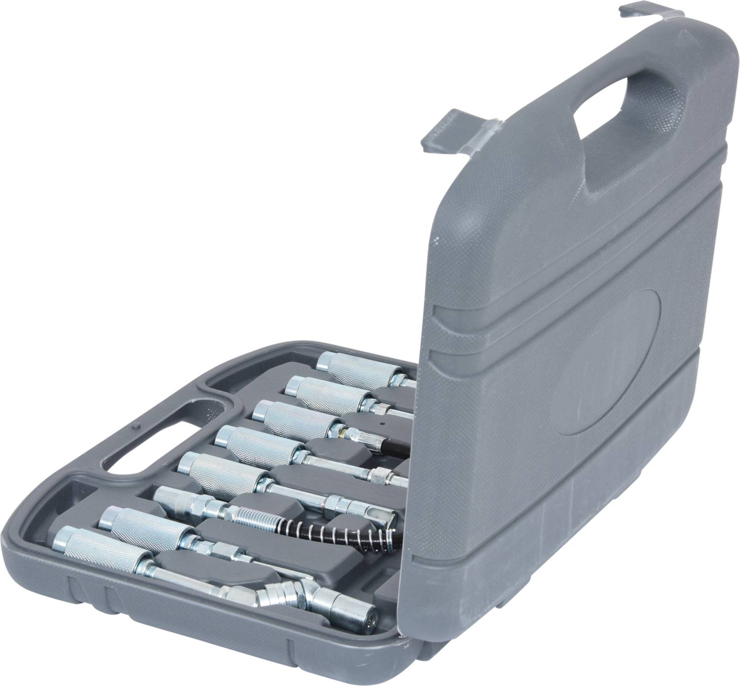 Une boîte en plastique grise ouverte contenant un ensemble d'outils métalliques, probablement des adaptateurs ou des rallonges, soigneusement rangés.