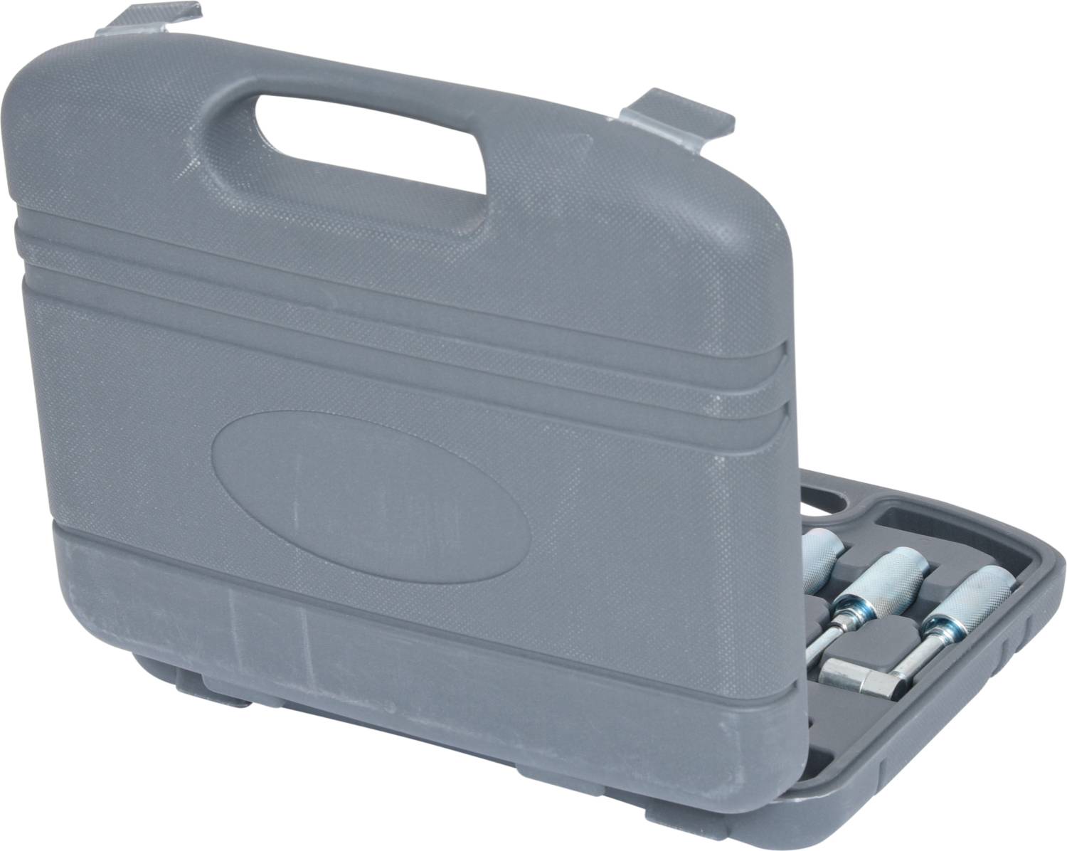 Valise rigide grise avec compartiments à outils, dont certains sont remplis d'outils hexagonaux argentés, poignée visible en haut.