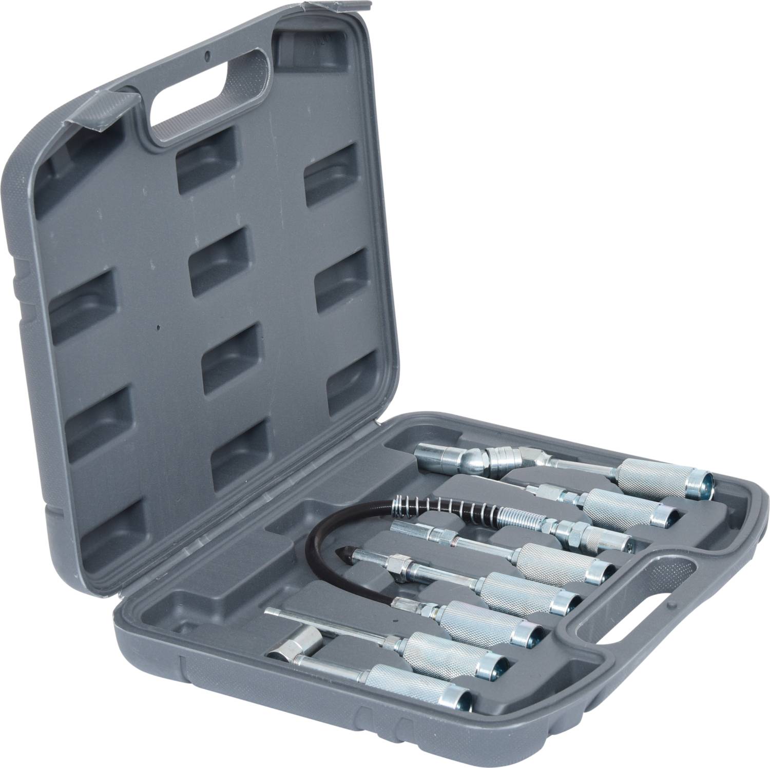 Coffret à outils gris contenant divers raccords et tuyaux métalliques soigneusement rangés dans des compartiments.