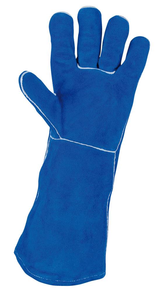 Gants de protection bleus couvrant toute la main et l'avant-bras. Ils sont conçus pour manipuler des objets chauds.