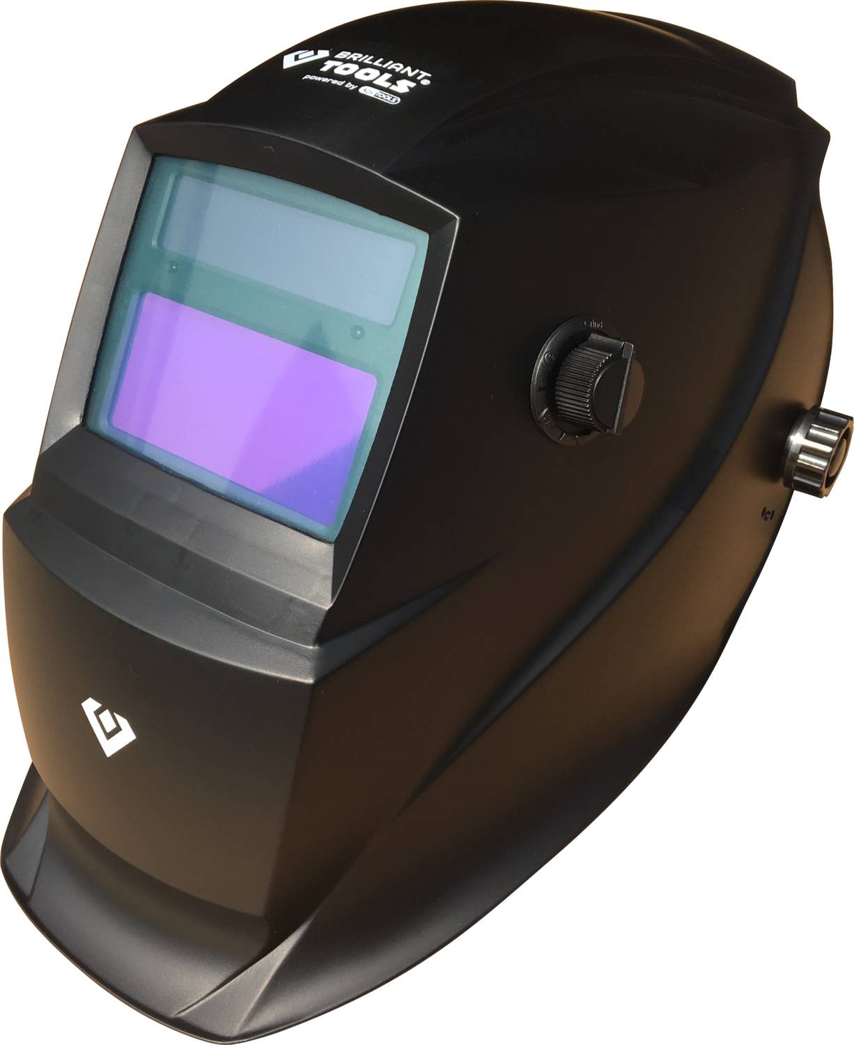 Casque de soudage avec visière teintée sombre et bouton réglable sur le côté, adapté pour la protection lors de travaux de soudure.