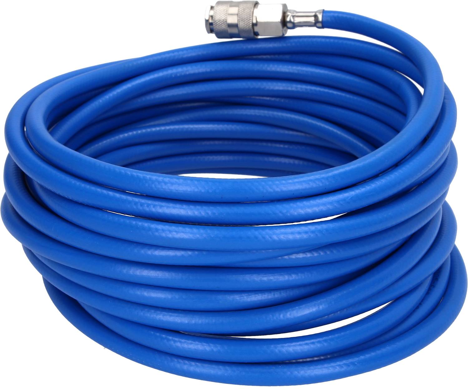 Tuyau d'arrosage bleu en plastique, enroulé avec raccord métallique.