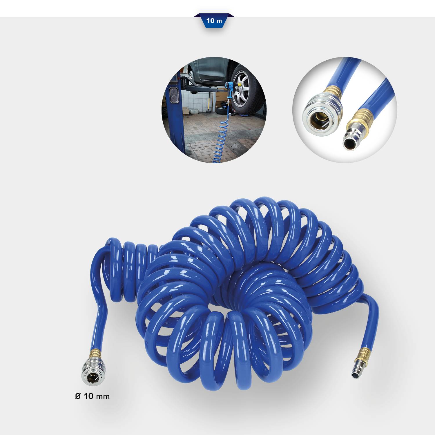 Tuyau bleu, flexible, de 10 mètres et de 10 millimètres de diamètre, relié à un pneu. Raccords agrandis en haut à droite.
