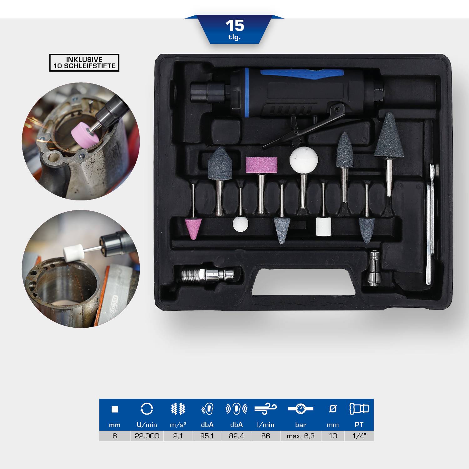 'Ensemble de 15 outils, comprenant des stylos de ponçage roses et leurs accessoires dans un coffret. Deux petites illustrations montrent les stylos de ponçage en action.'