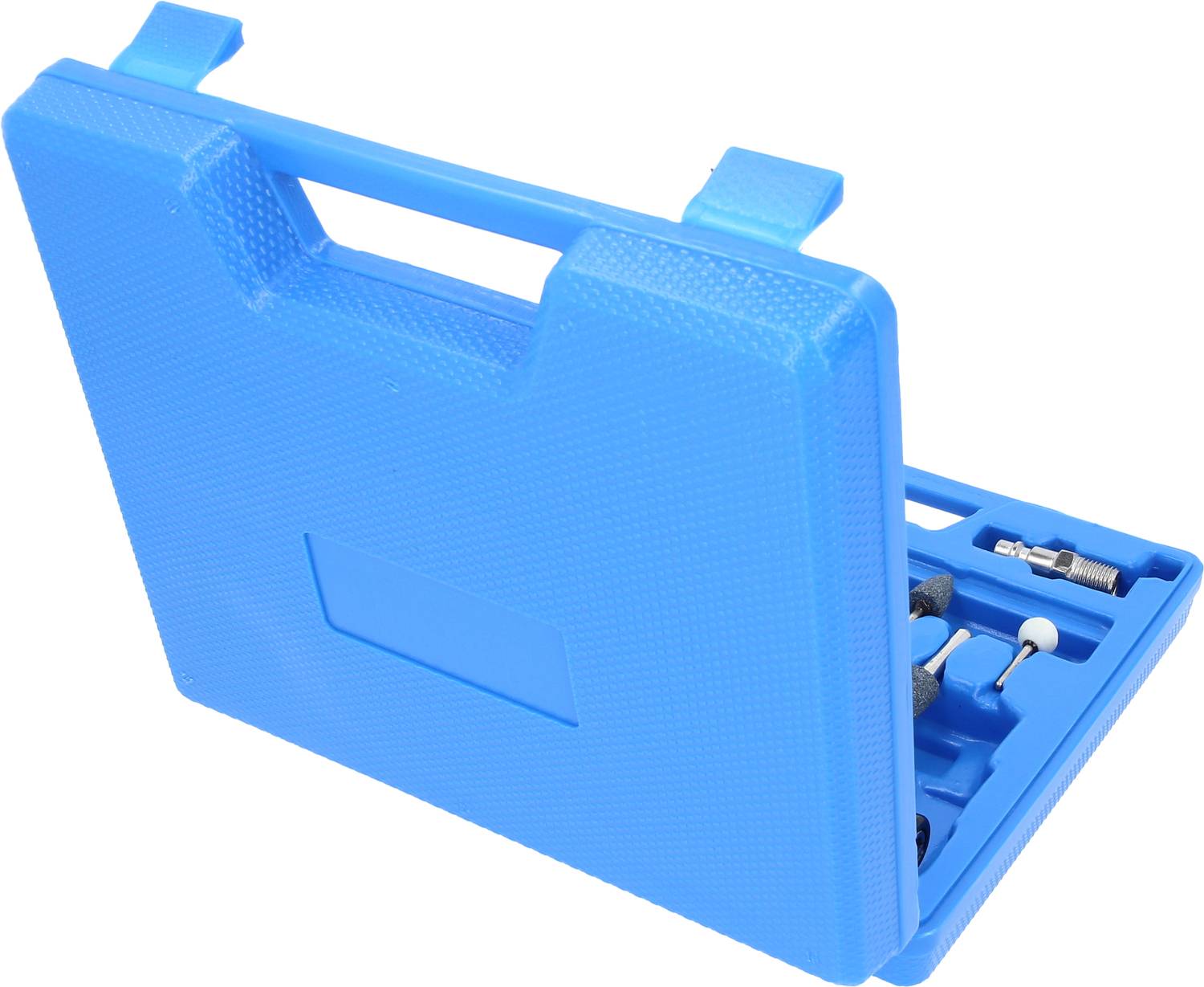 Boîte à outils bleue en plastique avec des compartiments intérieurs partiellement visibles contenant divers outils.