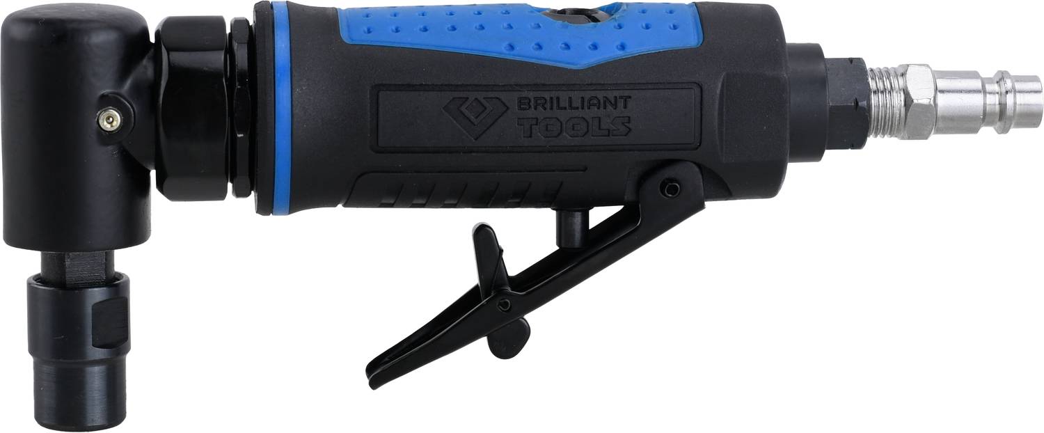 Meuleuse d'angle 'Brilliant Tools' en noir et bleu avec raccordement pneumatique et poignée ergonomique.