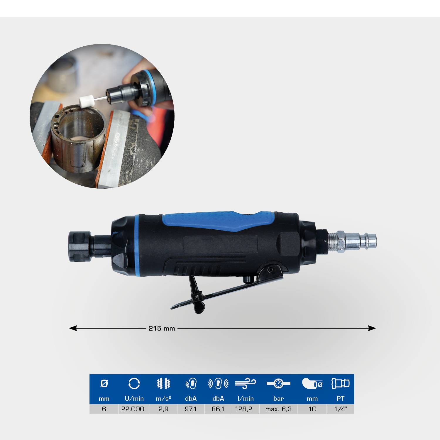 Un outil à main avec accessoire de ponçage, à côté d'une image de l'outil en action. En bas, spécifications : 215 mm de long, 22 000 tr/min, 2,9 kg.