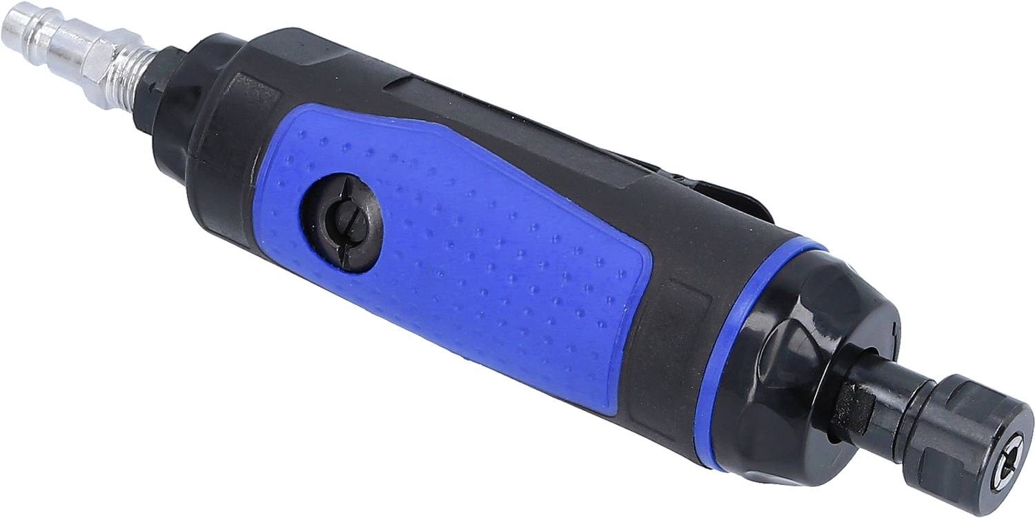 Un meuleuse pneumatique à air comprimé avec un boîtier bleu et noir. Adaptée pour des travaux de meulage précis dans les domaines de la métallurgie et du travail du bois.