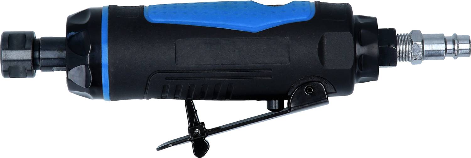 Meuleuse d'angle pneumatique en noir et bleu avec levier sur la poignée, adaptée aux travaux de meulage précis sur des surfaces métalliques.