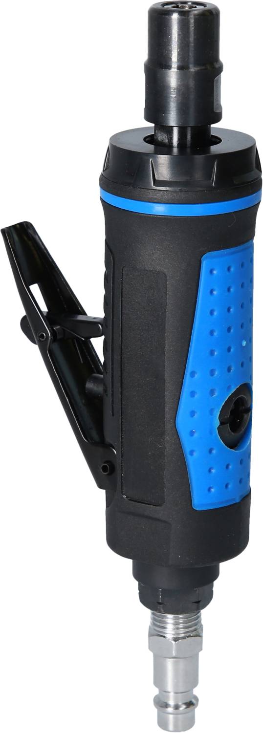 Meuleuse droite pneumatique avec boîtier bleu et noir, adaptée aux travaux de meulage et de polissage précis en atelier.