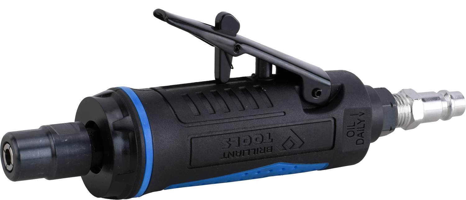 Un meuleuse pneumatique compacte avec un boîtier noir et bleu, adaptée aux travaux de précision et à la finition de surfaces lisses.