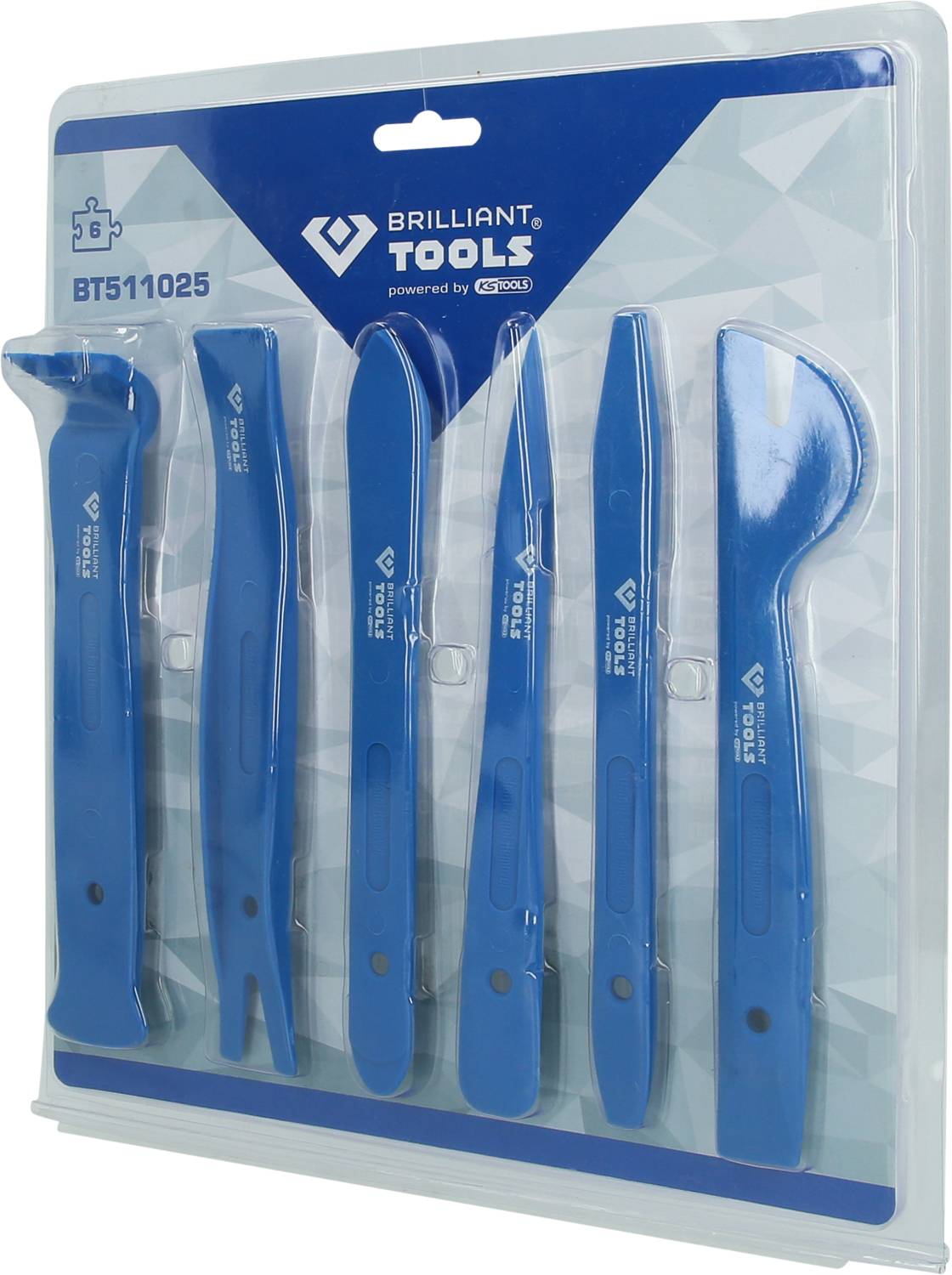 Un ensemble de six outils en plastique bleu dans un emballage transparent, marqué 'Brilliant Tools' et portant le numéro de modèle BT511025.