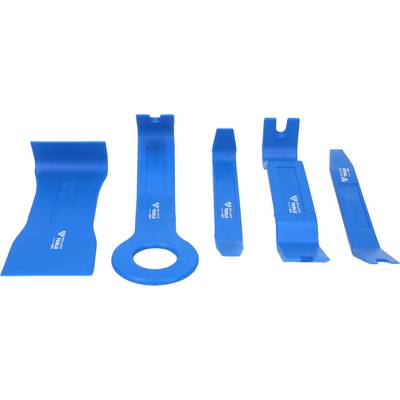 Cinq outils de démontage en plastique bleu de différentes formes et tailles pour le retrait délicat des garnitures et des clips.