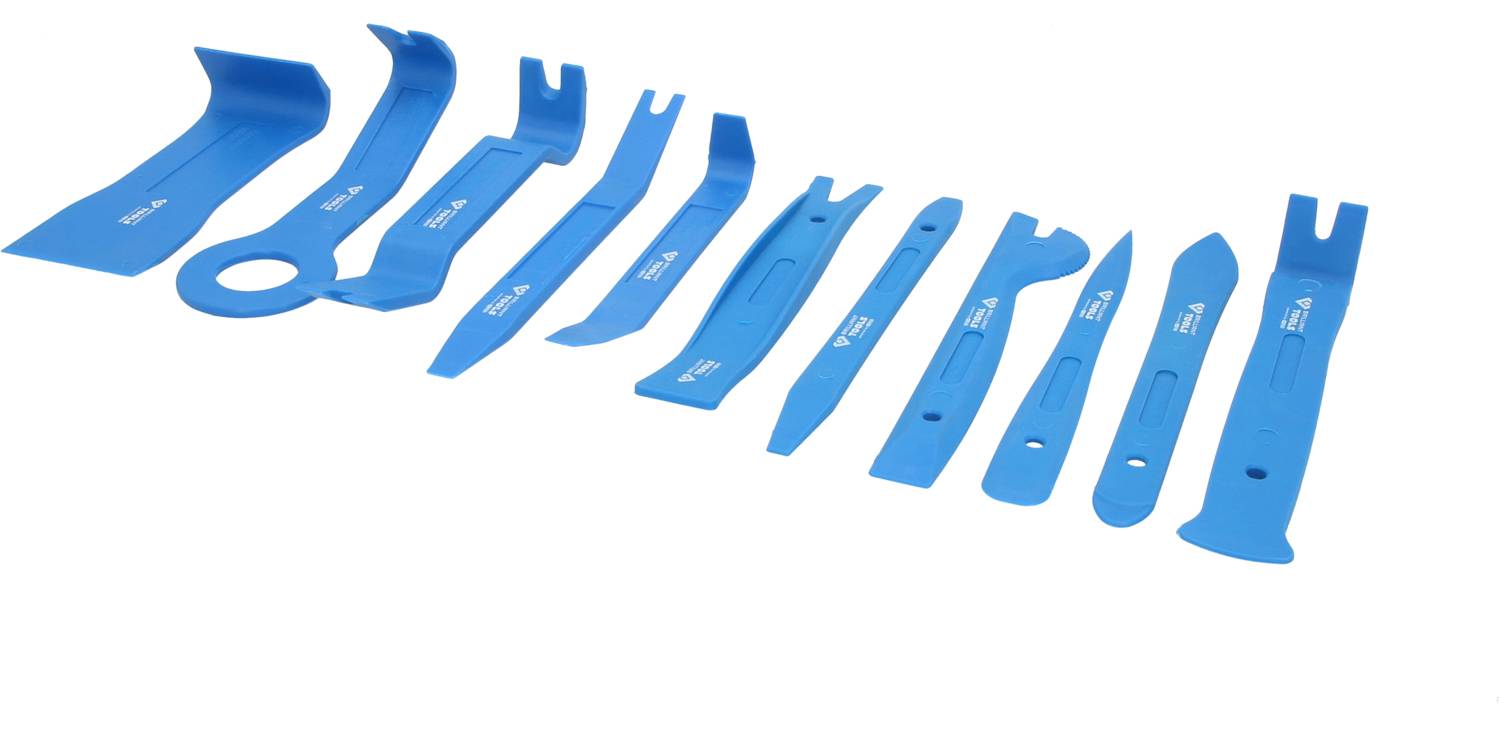 'Ensemble de onze outils de levage en plastique bleu de formes différentes, destinés au démontage délicat des garnitures et des clips.'