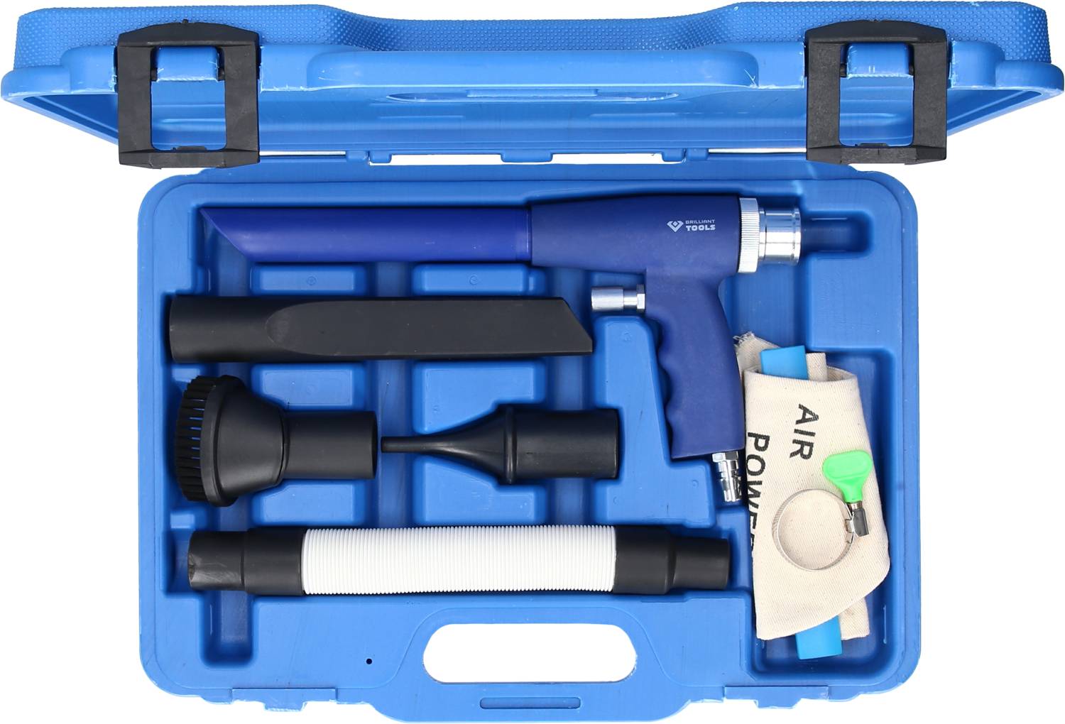 Une valise bleue contenant un pistolet de nettoyage à air comprimé, avec différentes buses et accessoires rangés dans des compartiments.