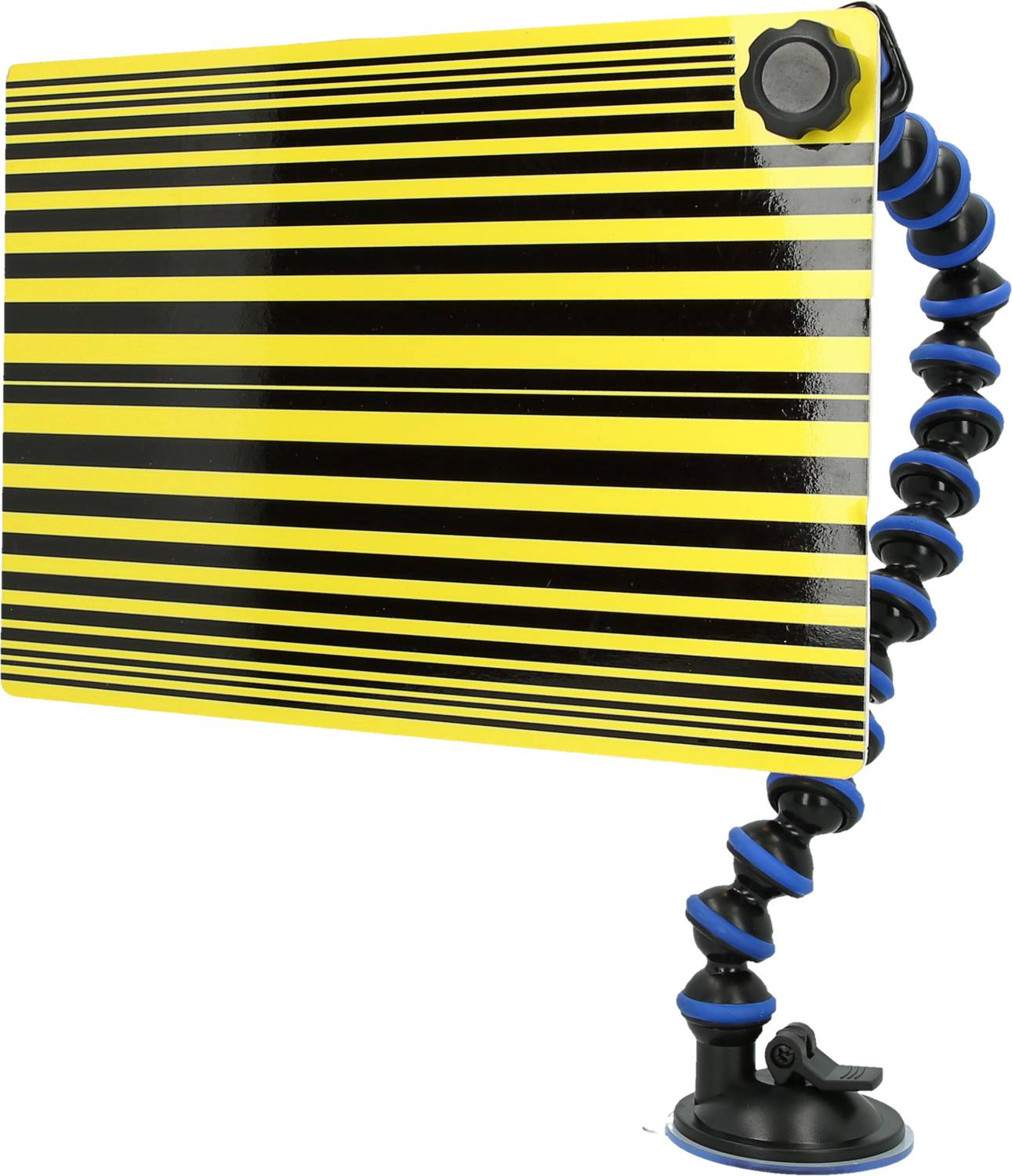 Une plaque réfléchissante à rayures noires et jaunes avec un trépied flexible. Idéale pour le contrôle de surface dans l'entretien automobile.