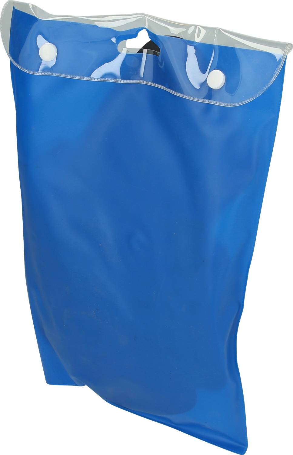 Sac en plastique bleu avec deux boutons-pression blancs et un bord supérieur transparent.